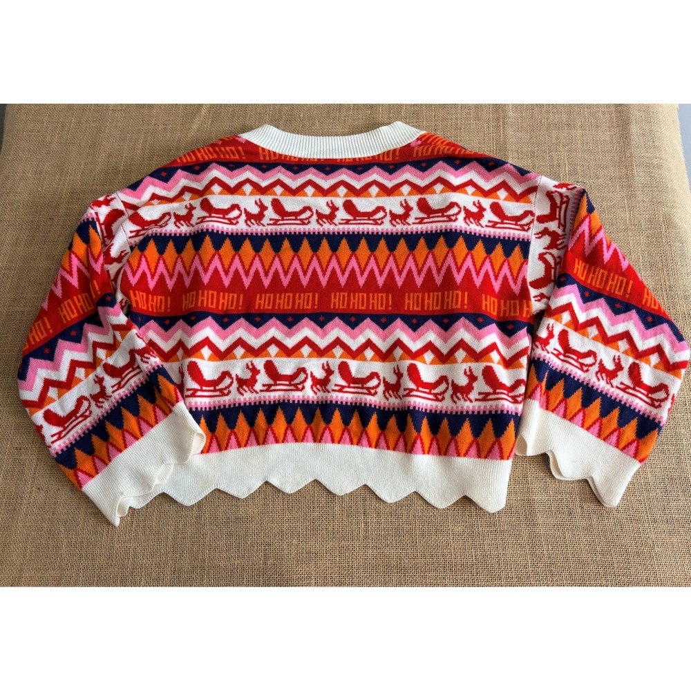 Festive Womens Christmas Cardigan Sweater Red Fair Isle Reindeer Scalloped Hem M - Picture 5 of 5